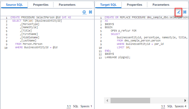 Conversion de schéma : modifier le code SQL cible