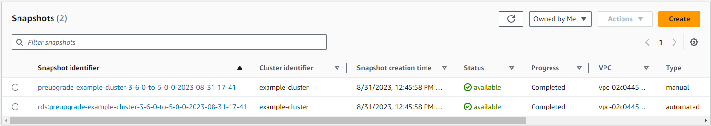 Image : la zone de navigation Instantanés affichant un tableau des instantanés créés précédemment.