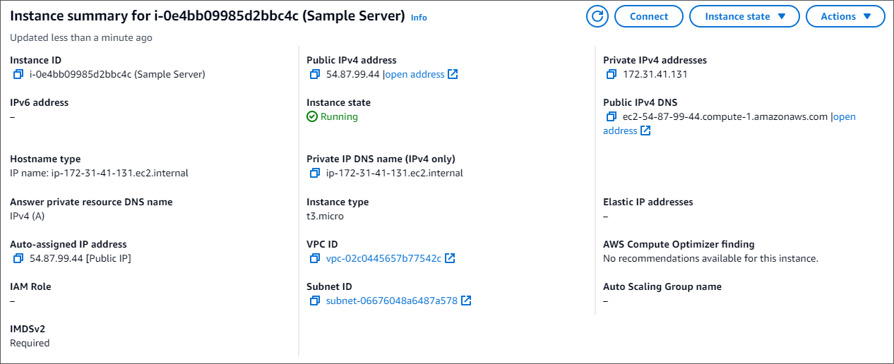 Résumé de l'instance pour une instance Amazon EC2. Le bouton Connect se trouve dans le coin supérieur droit.