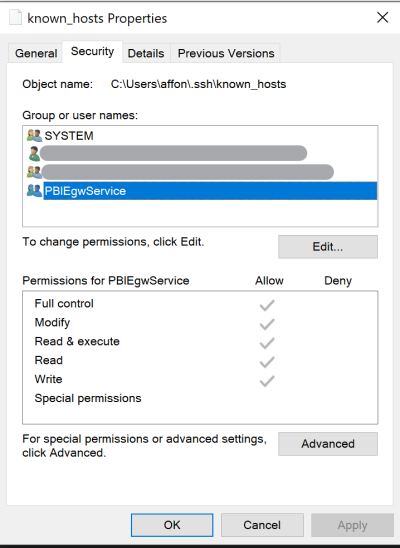 L'interface des propriétés known_hosts affiche les autorisations pour. PBIEgwService