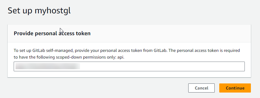 Capture d'écran de la console montrant la saisie du jeton d'accès GitLab personnel pour le nouvel hôte
