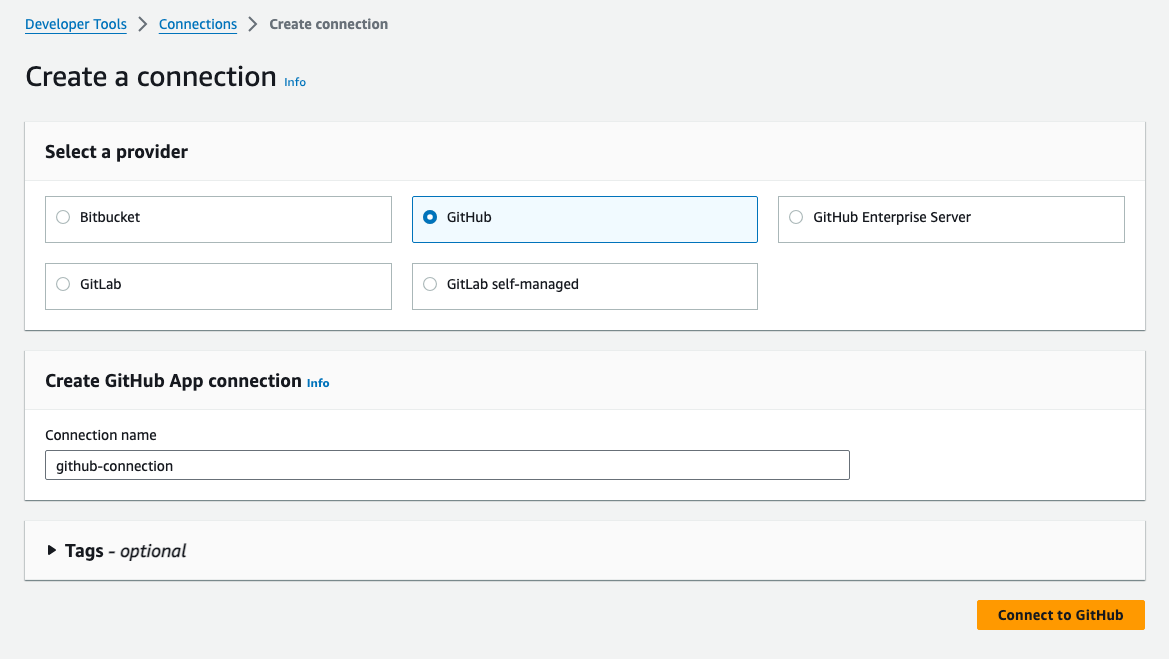 Capture d'écran de la console montrant l'option de connexion sélectionnée pour Bitbucket.