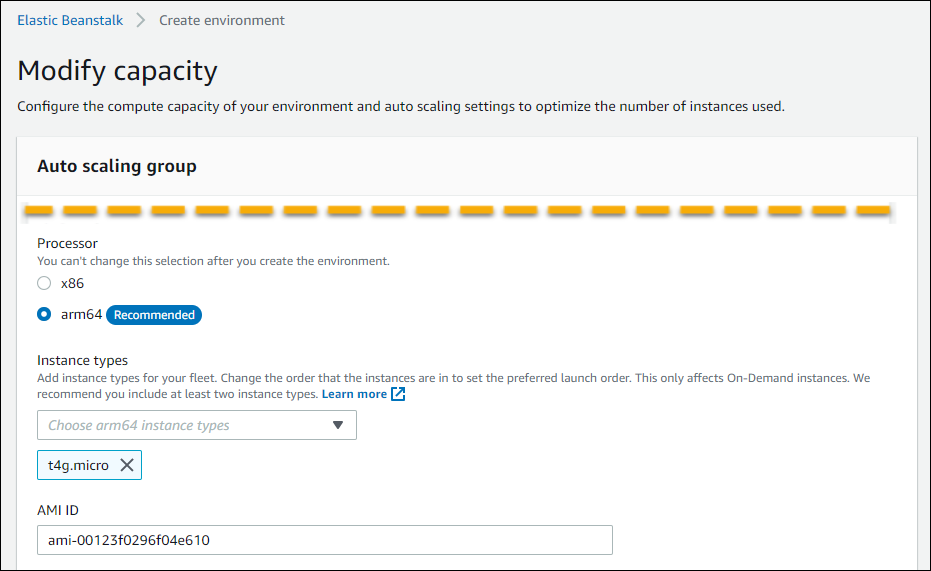 Paramètres de l' EC2 instance Amazon sur la fenêtre de configuration de la capacité d'Elastic Beanstalk pour l'environnement d'exécution