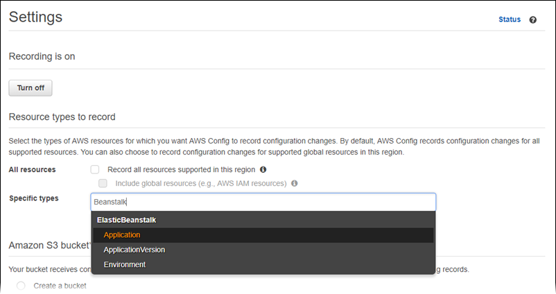 AWS Config page de paramètres affichant une liste des types de ressources à choisir d'enregistrer