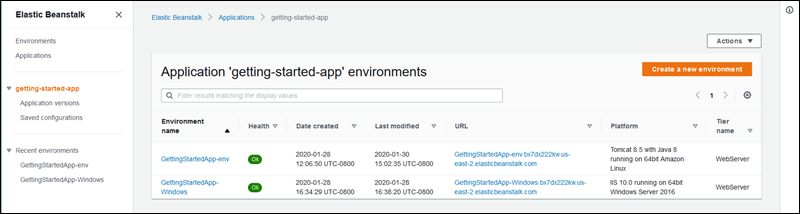 Page Toutes les applications de la console Elastic Beanstalk