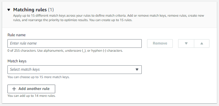 Interface de règles de correspondance avec des champs permettant de saisir le nom de la règle et de sélectionner les clés de correspondance.