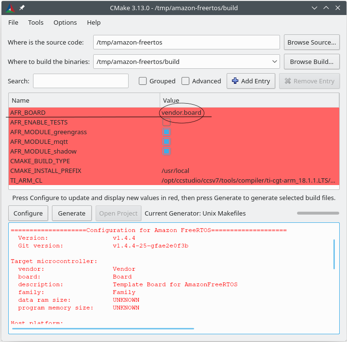 CMake fenêtre de configuration pour créer des FreeRTOS avec le tableau des fournisseurs sélectionné, les modules activés et les chemins de construction spécifiés.