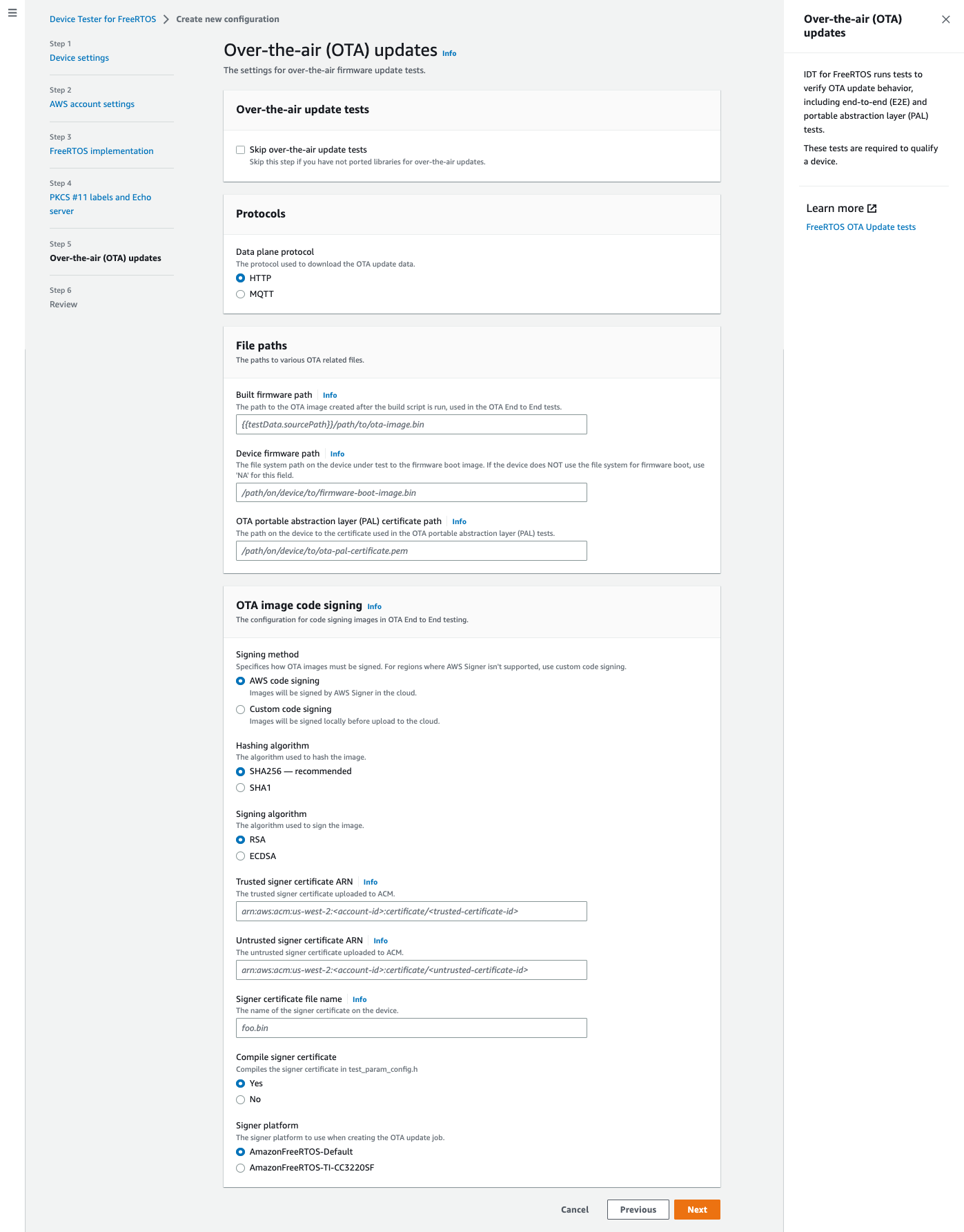 Options de configuration de mise à jour OTA : ignorer les tests, les protocoles de données, les chemins du microprogramme, le chemin du certificat PAL, la signature de code, les certificats de hash/sign algorithms, trusted/untrusted signature, le fichier de certificat de signature, le certificat de signature de compilation, la plateforme de signature.