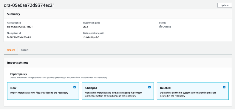 Page Amazon FSx Details d'une association de référentiels de données.