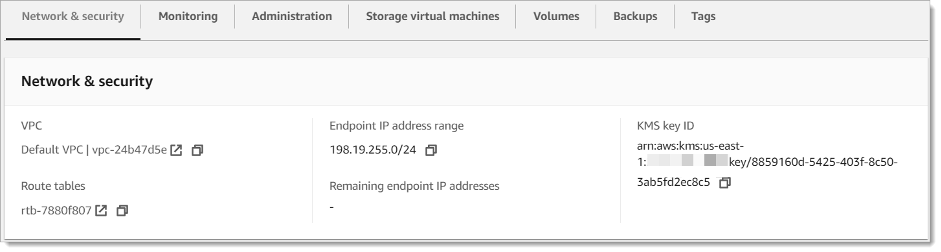 Le panneau Réseau et sécurité de la FSx console Amazon.