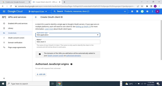 La capture d'écran montre la page Créer un identifiant OAuth client et le type d'application en tant qu'application Web.