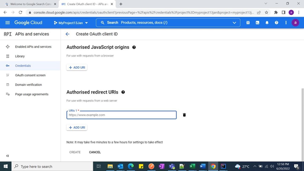 La capture d'écran montre la page Créer un identifiant OAuth client et la URIs section de redirection autorisée. Ici, ajoutez l'URI URIs et choisissez AJOUTER un URI si nécessaire. Une fois terminé, choisissez CREATE.