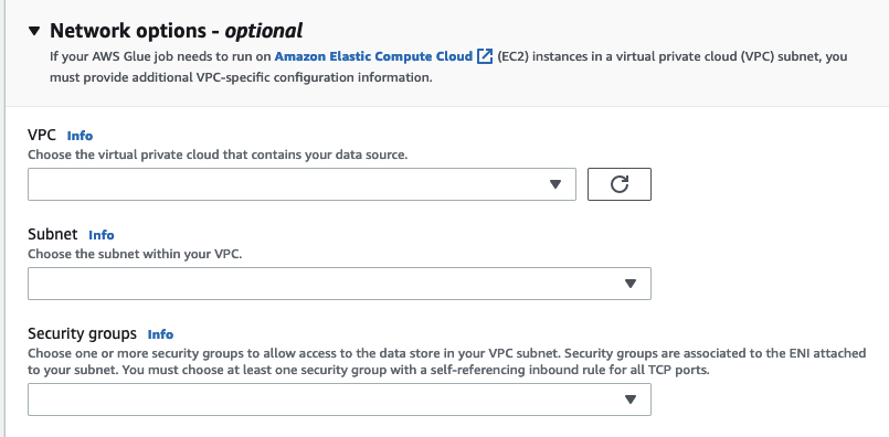 La capture d'écran affiche les options de réseau facultatives pour les groupes de VPC, de sous-réseau et de sécurité.