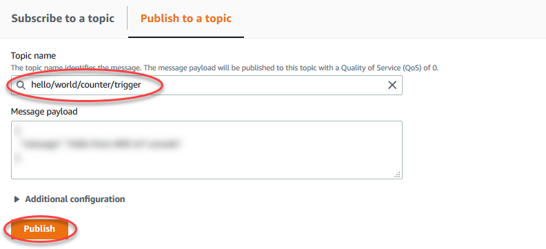 Message Hello from AWS IoT console envoyé par défaut hello/world/counter/trigger avec le bouton Publier dans le sujet surligné.