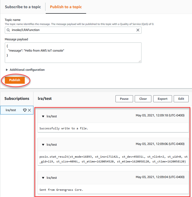 La page Abonnements avec le sujet invoqué et le LRAFunction sujet publié dans le sujet surlignés, et les résultats des tests avec les données des messages.