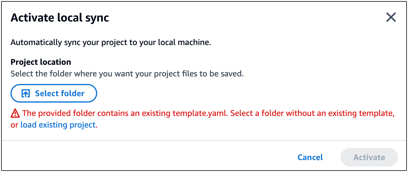 Message d'erreur « Le dossier fourni contient un fichier template.yaml existant » dans Infrastructure Composer