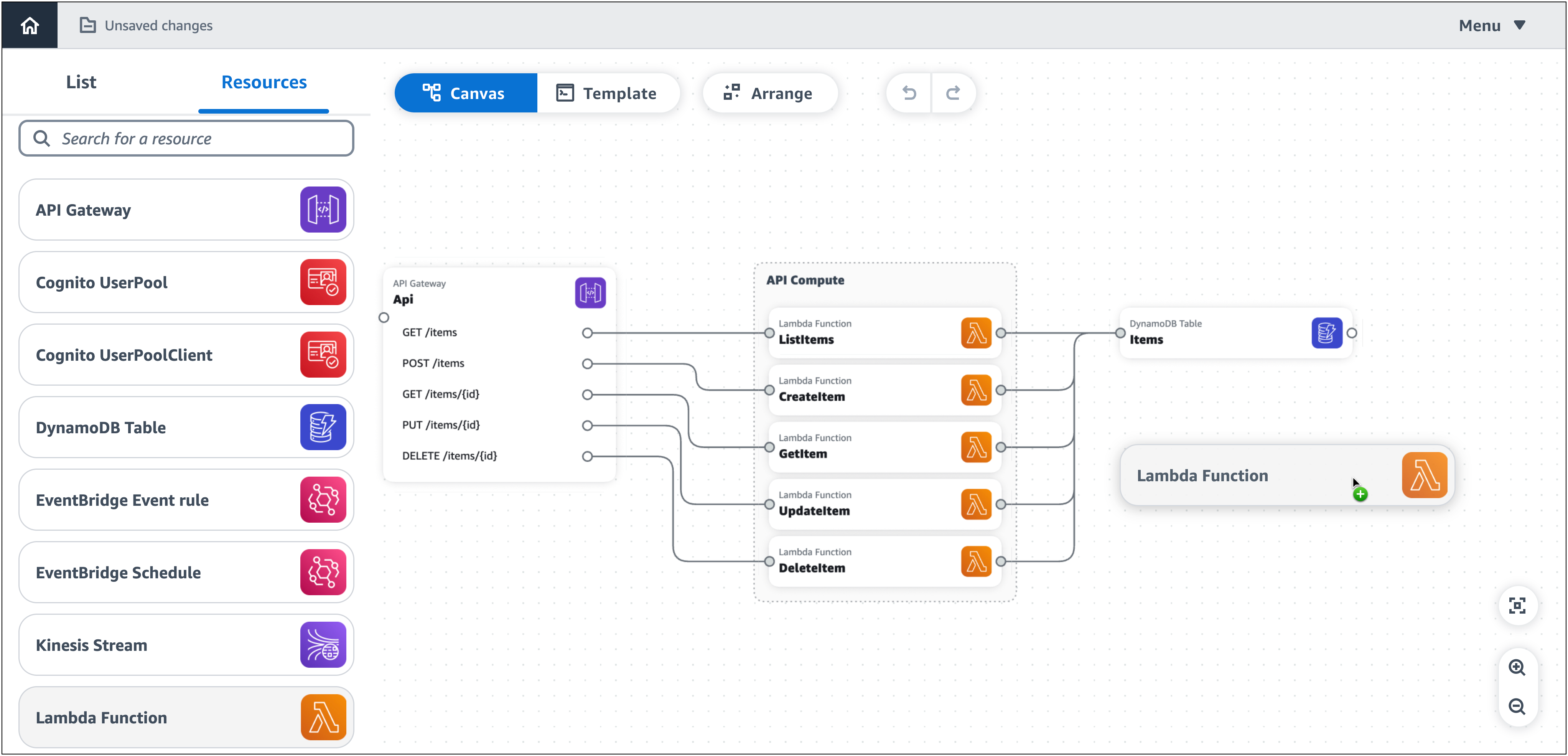 La démo est en mode canevas avec une fonction Lambda à côté de la table DynamoDB.