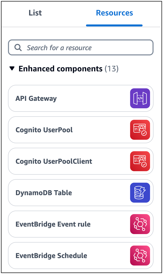La palette de ressources est sélectionnée et affiche les ressources proposées que vous pouvez utiliser dans l'architecture de votre application.