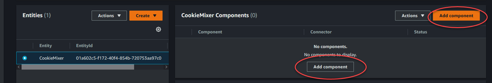 Une page de console TwinMaker Entities affichant le bouton Ajouter un composant.