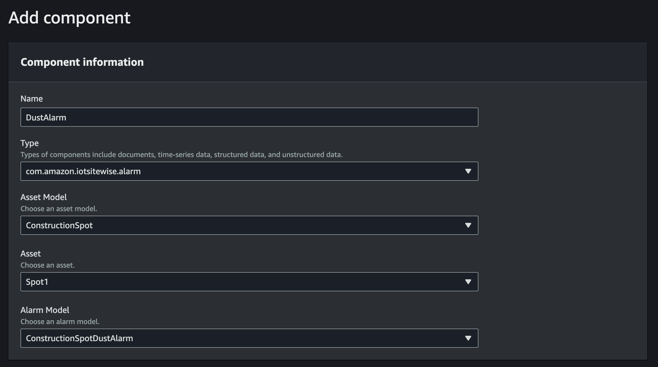 L'écran Ajouter un composant affiche un composant du type com.amazon.iotsitewise.alarm.