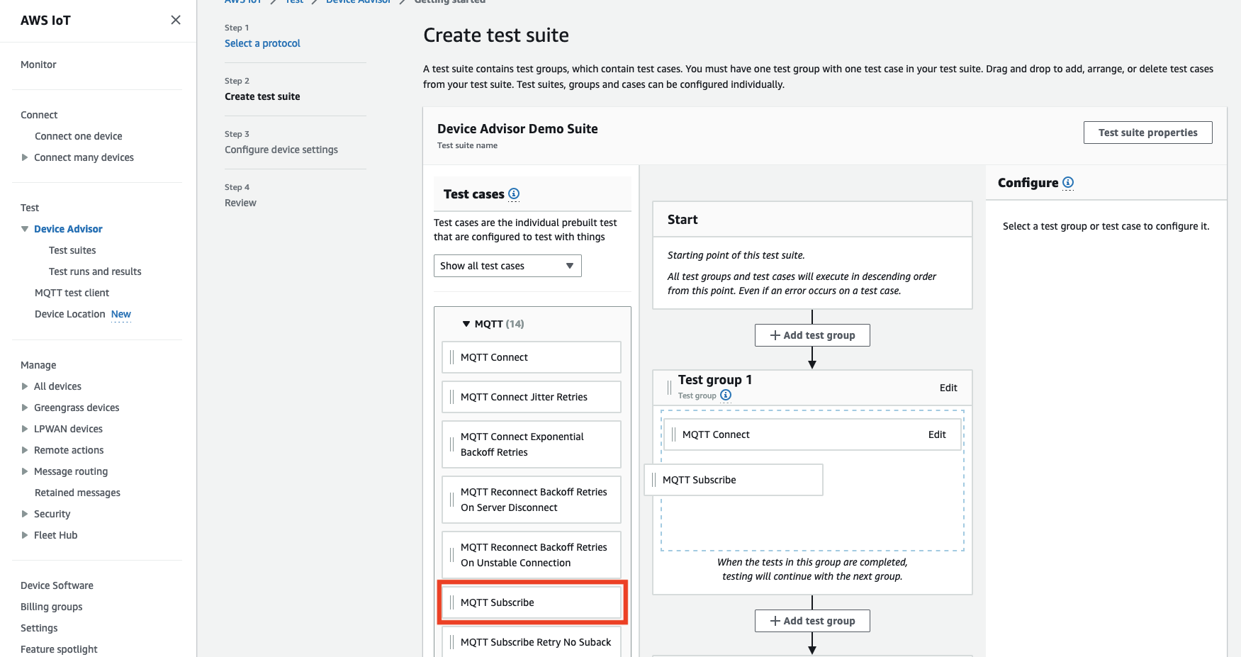 L'interface « Créer une suite de tests » où les utilisateurs peuvent configurer des groupes de test et des cas de test pour les tests de MQTT protocole des appareils IoT.