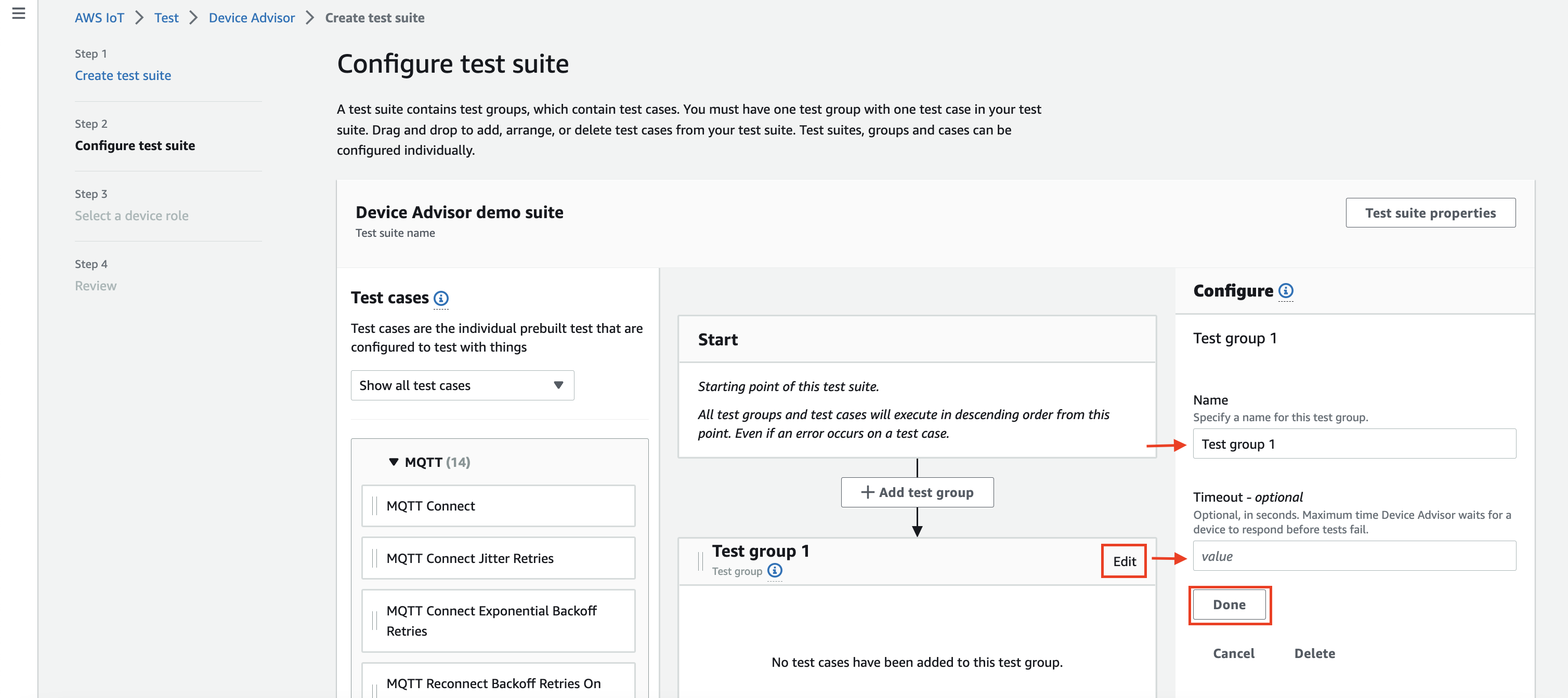 L'interface « Configurer la suite de tests » permet de créer des groupes de tests et des cas afin de valider le fonctionnement des appareils IoT.