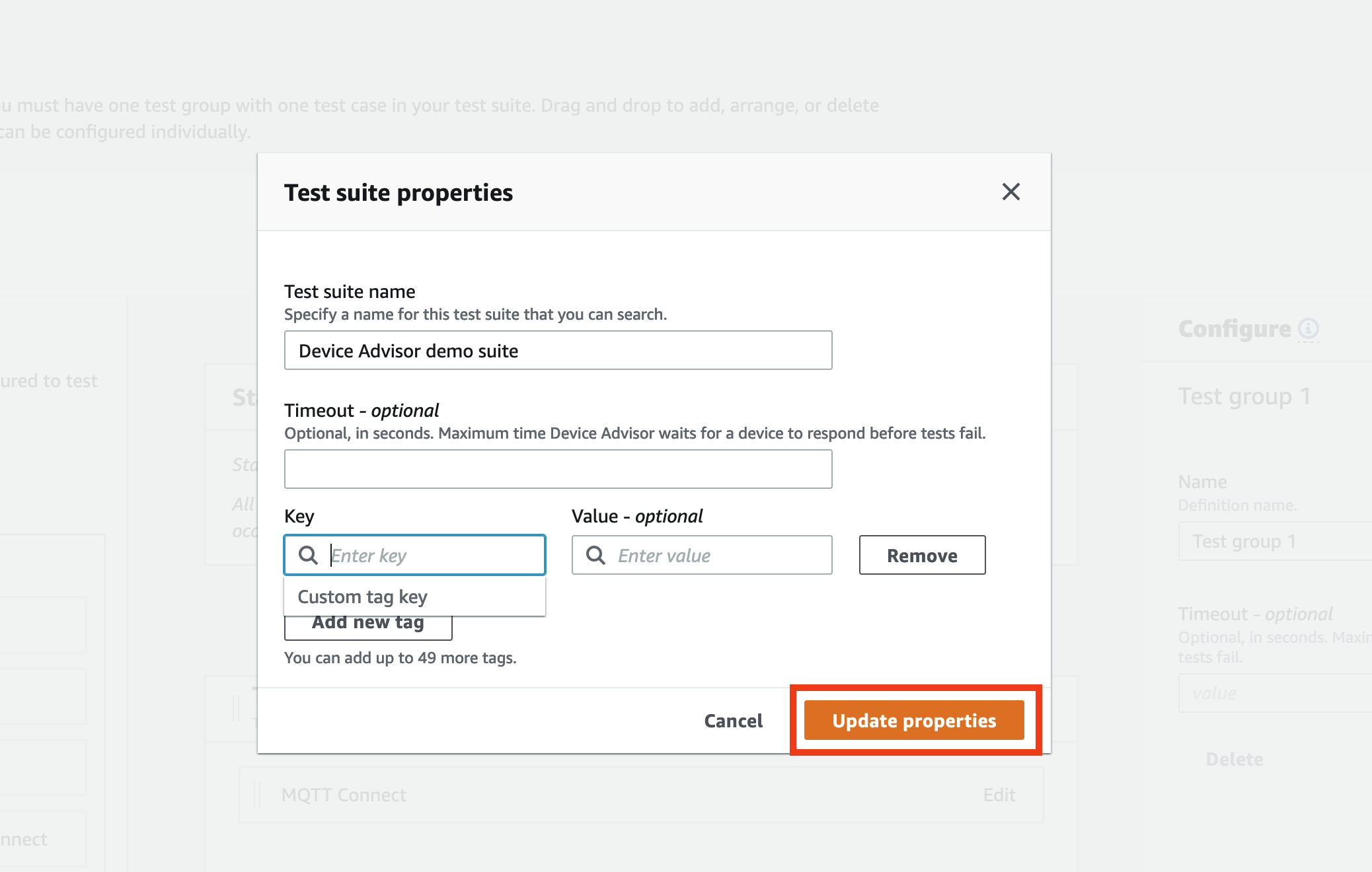 Fenêtre intitulée « Propriétés de la suite de tests » affichant les champs permettant de spécifier le nom de la suite de tests, le délai d'expiration et les balises personnalisées pour une suite de démonstration Device Advisor.