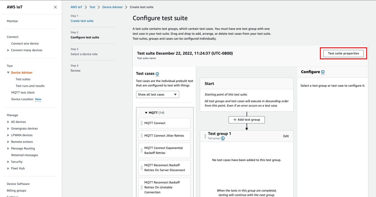 L'interface « Configurer la suite de tests » qui affiche les options permettant de créer des groupes de test et d'ajouter des cas de test pour tester les fonctionnalités des appareils IoT.