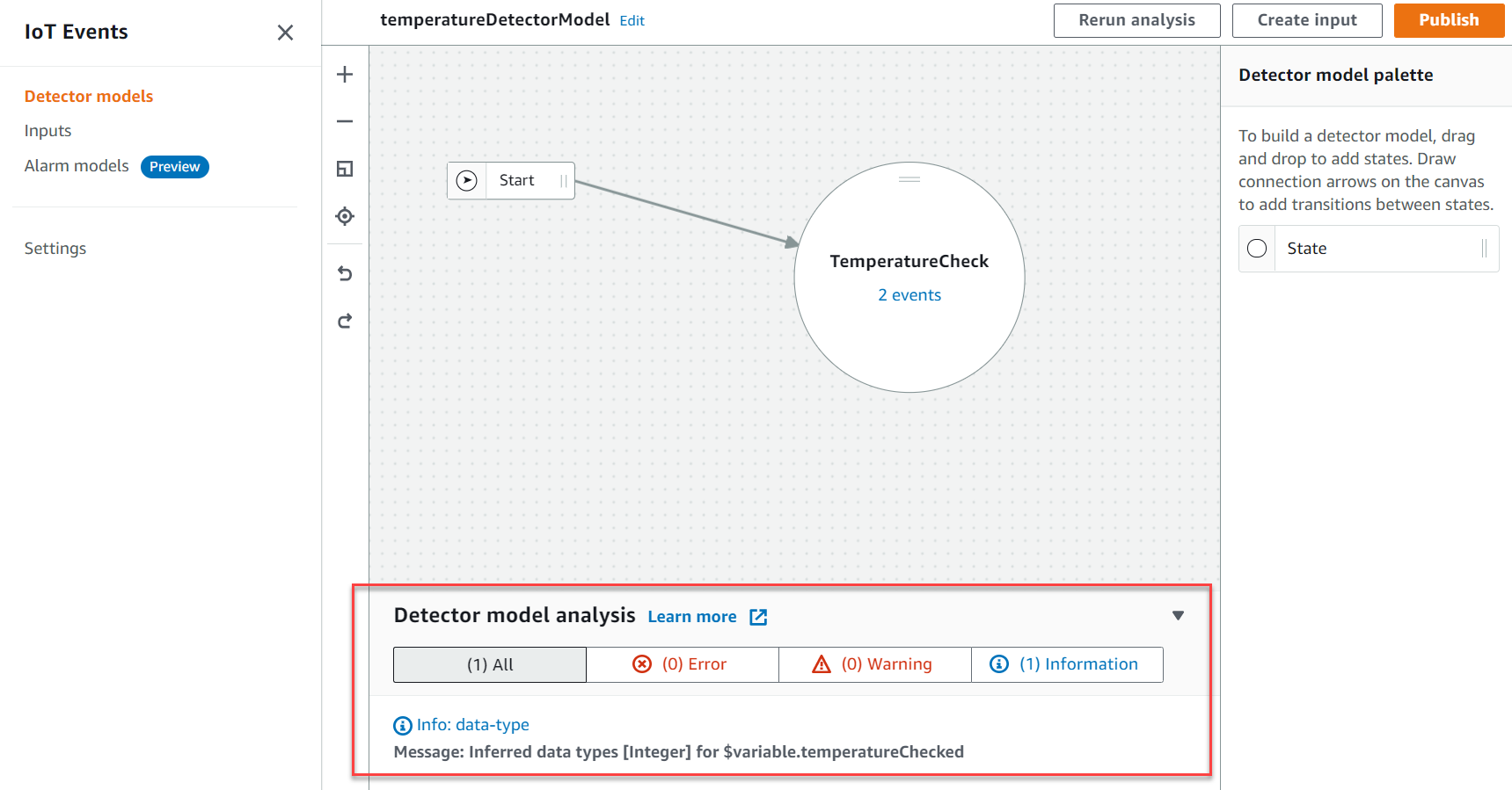 Capture d'écran expliquant comment analyser les modèles de détecteurs dans la AWS IoT Events console.