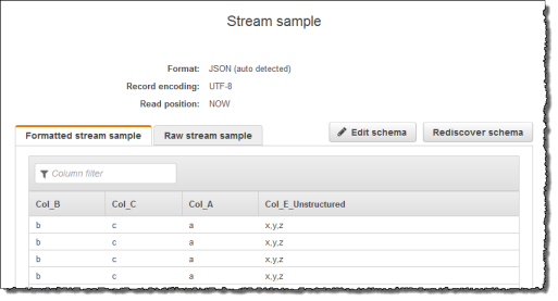 Capture d'écran de la console montrant le schéma intégré à l'application avec 4 colonnes.