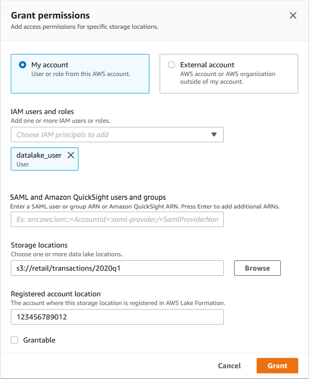 Dans la boîte de dialogue Octroyer des autorisations, l'utilisateur datalake_user et l'emplacement de stockage s3 ://retail/transactions/q119 sont sélectionnés.