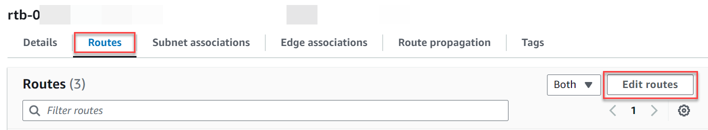 Onglet Routes sur la page de détails de la table de routage