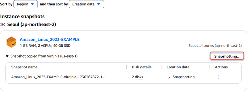 Création d'une copie instantanée dans la console Amazon Lightsail.