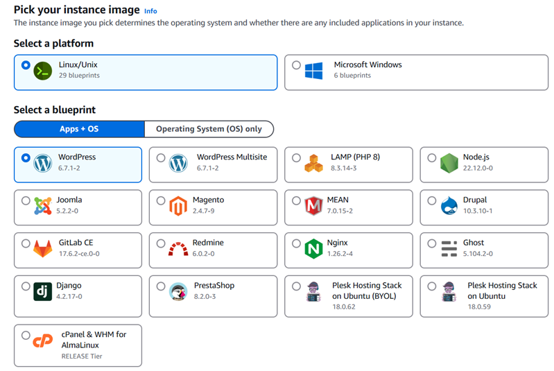 Choisissez WordPress comme image d'instance Lightsail