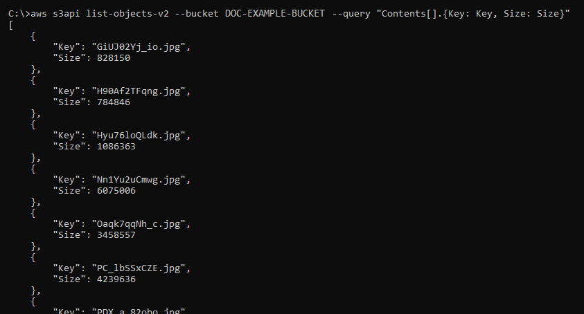 Résultat de la commande AWS CLI list-objects-v 2