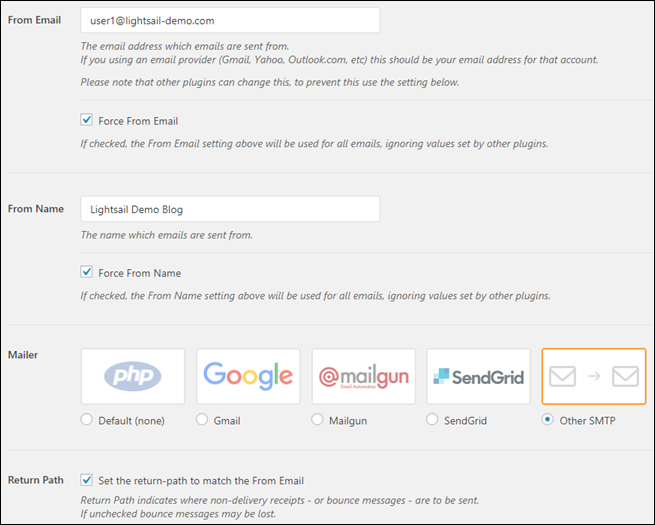 Configuration des paramètres du plug-in SMTP Mail WP.
