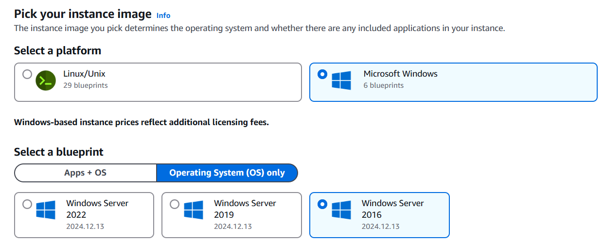 Lancement et configuration d'une instance Windows Server 2016 dans Lightsail.