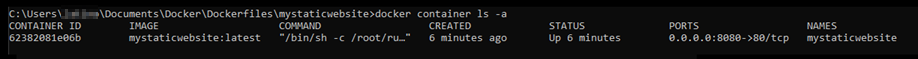 Résultat de la commande « docker container »