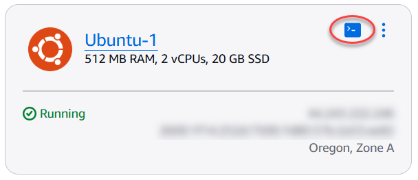 Icône du client SSH basé sur un navigateur sur la page d'accueil de Lightsail.