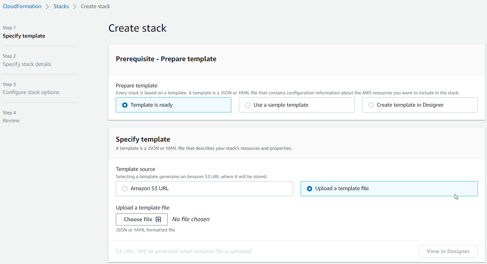 La page de AWS CloudFormation création d'une pile avec un modèle prêt à télécharger le fichier sélectionné.