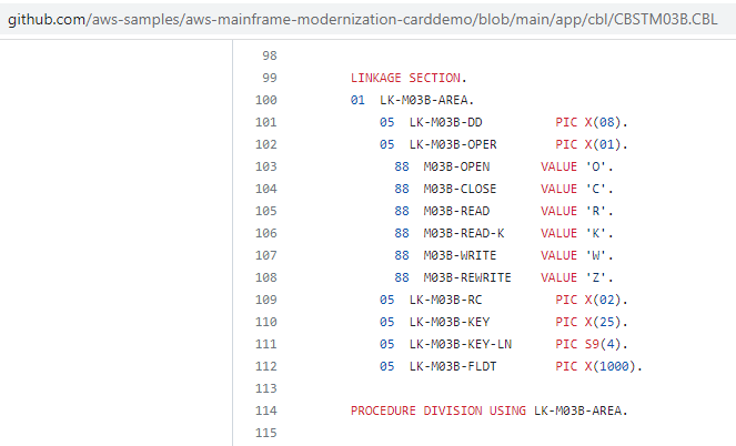 Exemple de liaison dans un fichier source COBOL