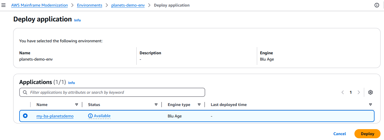 La page de l'application AWS Mainframe Modernization Deploy avec l'application de démonstration Planets affichée.