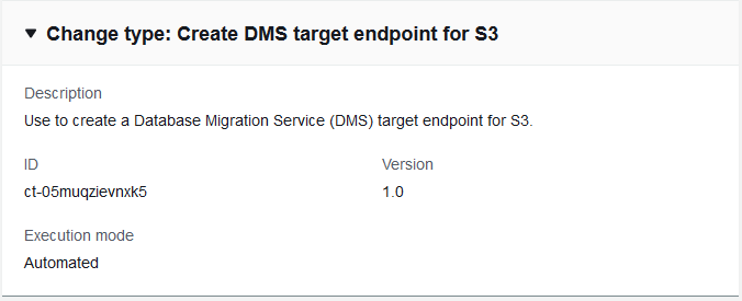 Modification type details for creating a DMS target endpoint for S3, including ID and version.
