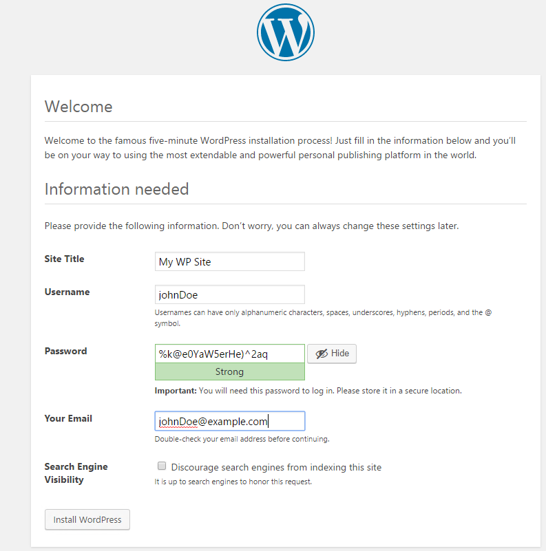 WordPress installation page with fields for site title, username, password, and email.
