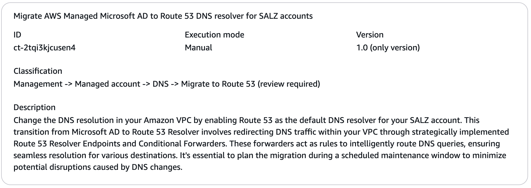 Modification type details for migrating AWS Managed Microsoft AD to Route 53 DNS resolver.