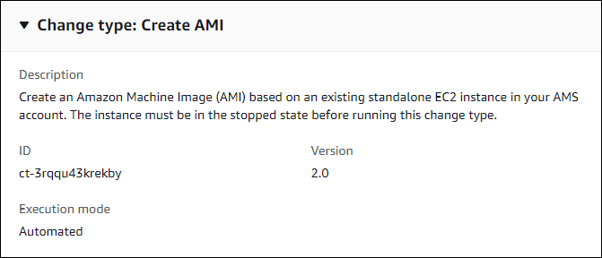 Modification type details for creating an Amazon Machine Image (AMI) from an EC2 instance.