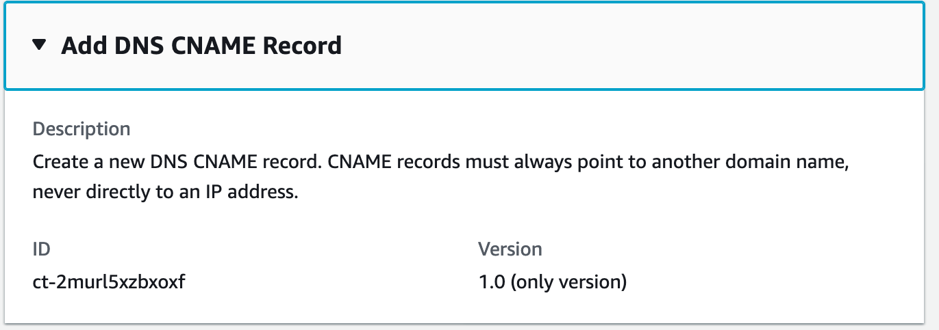 Interface for adding a DNS CNAME record with description, ID, and version fields.