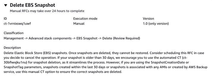 Delete EBS Snapshot interface showing manual execution mode and version details.