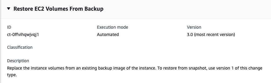 Modification type details for restoring EC2 volumes from backup, including ID and execution mode.