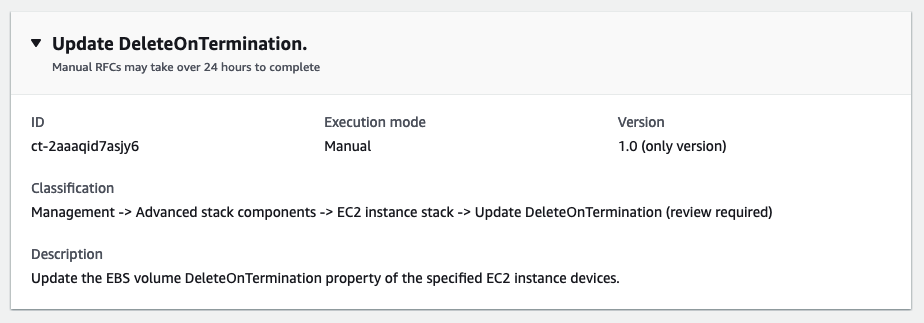 Update DeleteOnTermination change type details for EC2 instance EBS volumes in AMS console.